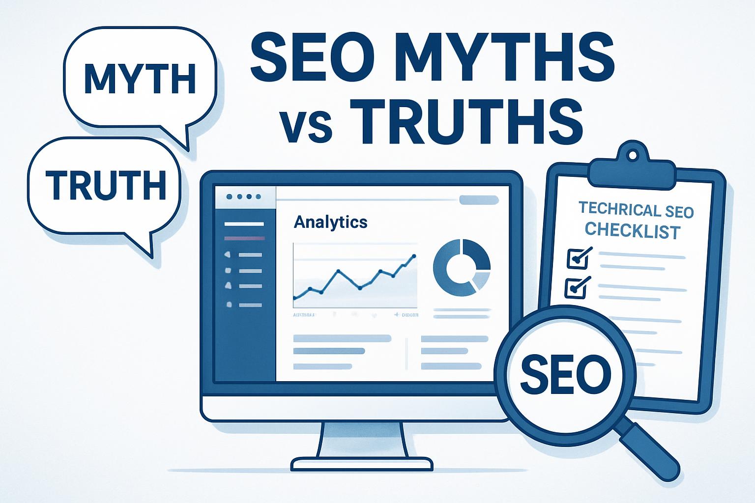 SEO 迷思破解:7 個常見誤解與實戰真相一次看懂 SEO 迷思破解與網站分析概念圖