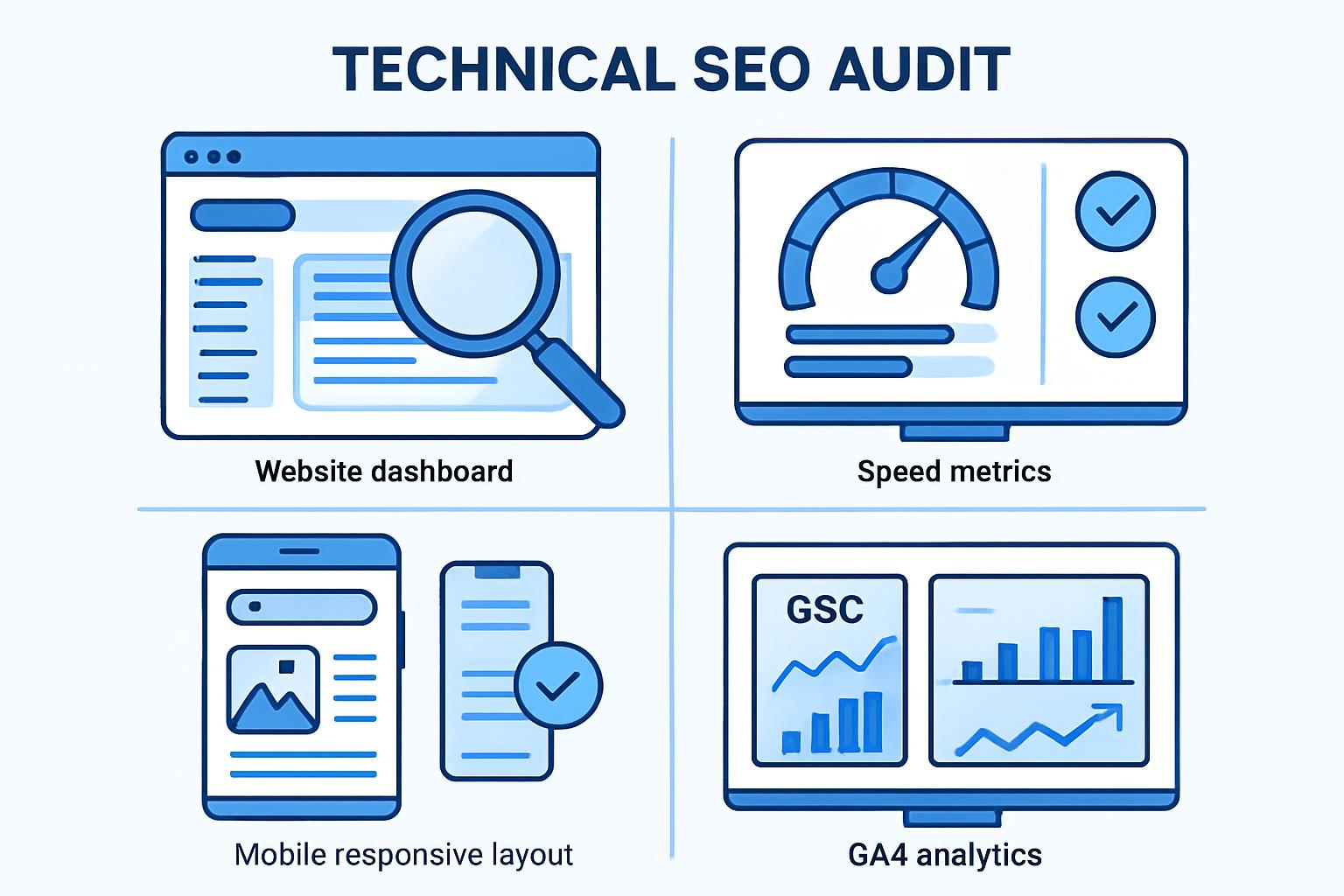 網站速度慢、排名掉?SEO 技術健檢常見問題一次解答 技術 SEO 健檢與網站速度優化示意圖