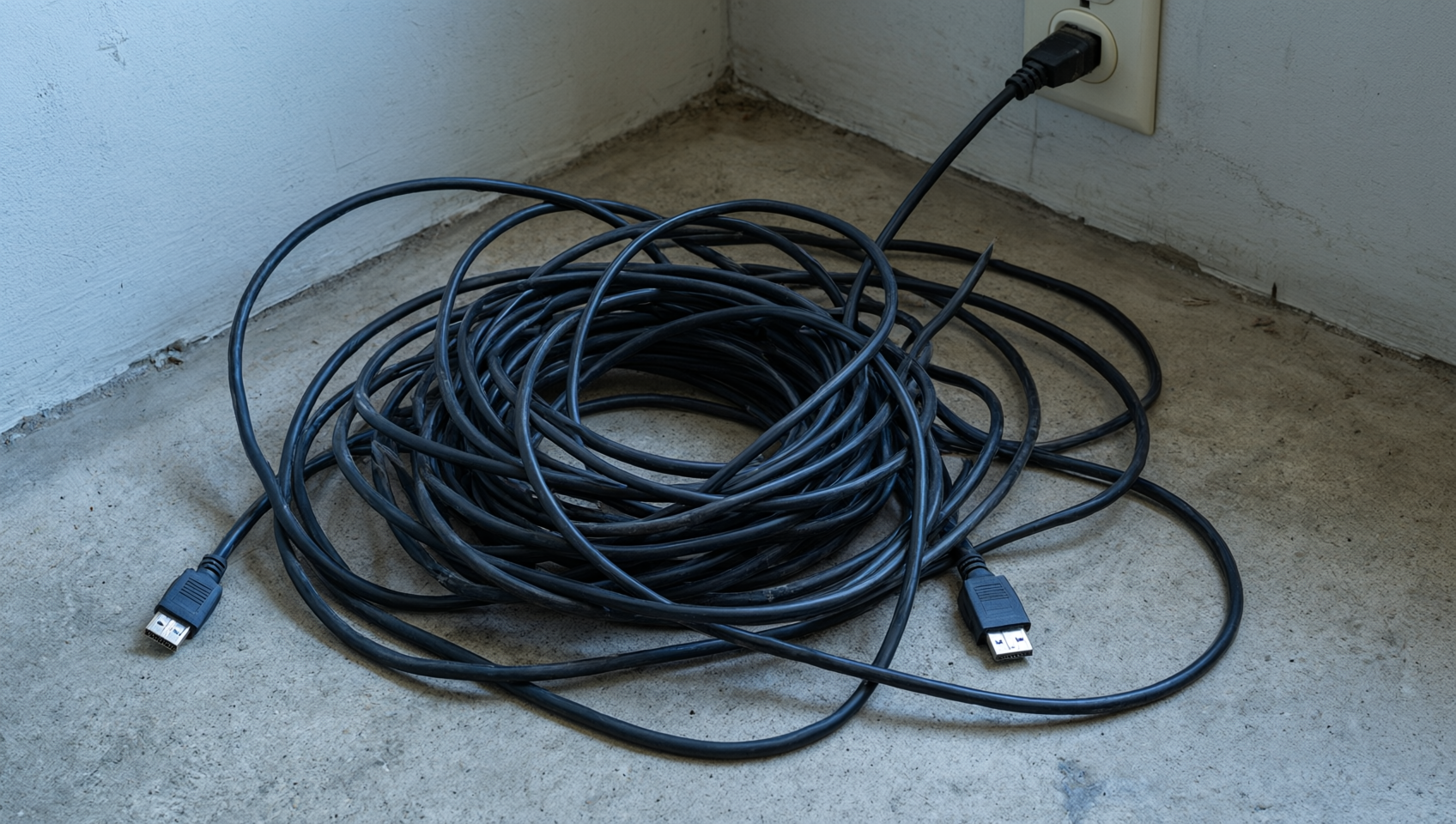 混凝土地面上捲起的 HDMI 線材