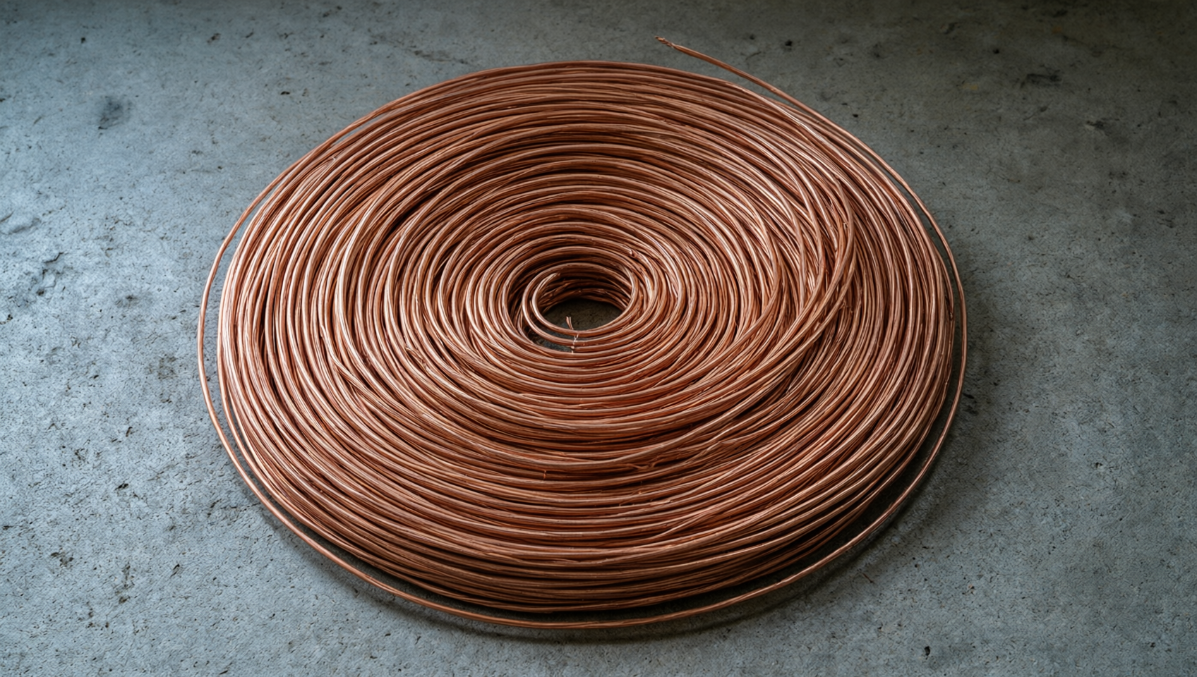混凝土地面上盤成螺旋狀的銅線